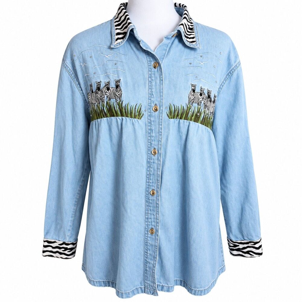Vintage 90s Zebra Embroidered Denim Shirt Jacket Safari Animal Print Rhinestone